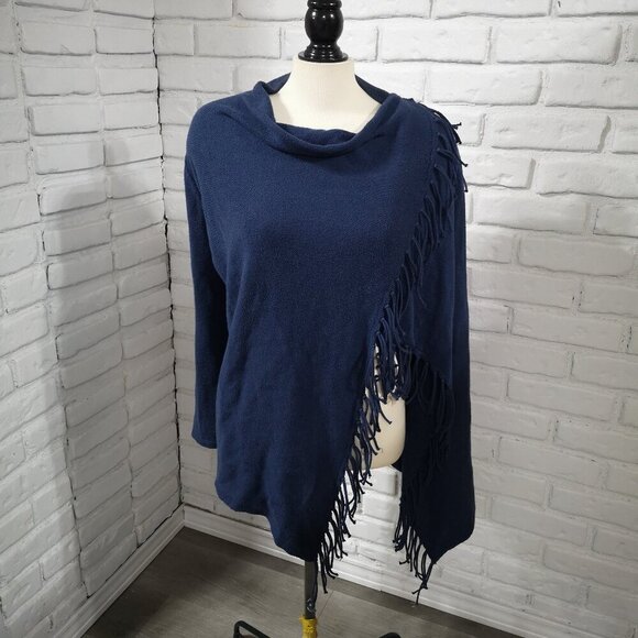 Chico's Ladies Size 1 = (Small) Navy Wrap Sweater with Fringe - Picture 1 of 10
